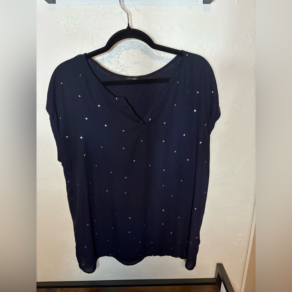Papermoon Navy Split-Neck Blouse with Metallic Dot Detail – Size XXL